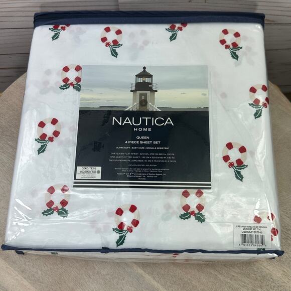 Christmas Holiday Nautica Queen Sheet Set Red White Life Preserver Wreath NEW - Picture 6 of 9